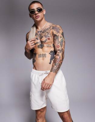 mid length swim shorts with cargo pockets in neutral