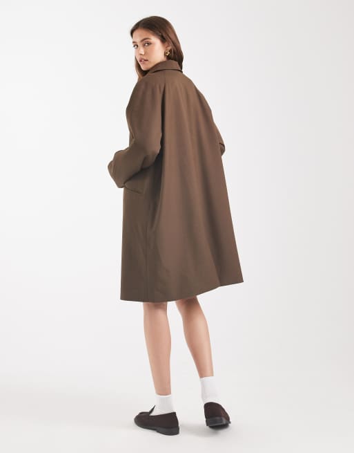 ASOS DESIGN mid length tailored car coat in khaki with stripe sleeve