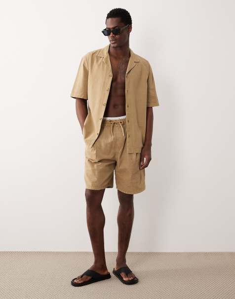 ASOS DESIGN mid length textured jorts in beige - part of a set - view 1