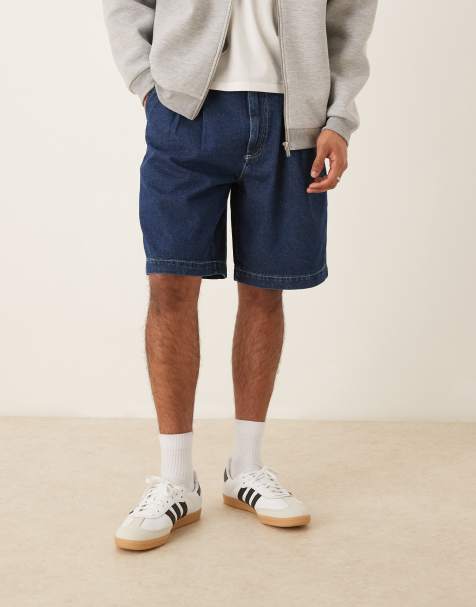ASOS DESIGN mid length wide denim shorts with pleat in dark wash blue - view 1