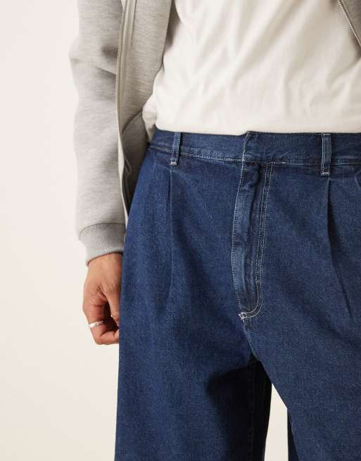 ASOS DESIGN mid length wide denim shorts with pleat in dark wash blue