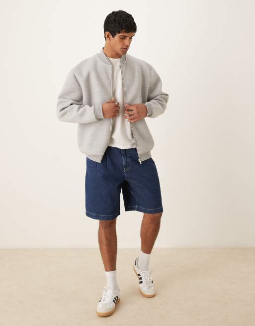 ASOS DESIGN mid length wide denim shorts with pleat in dark wash blue