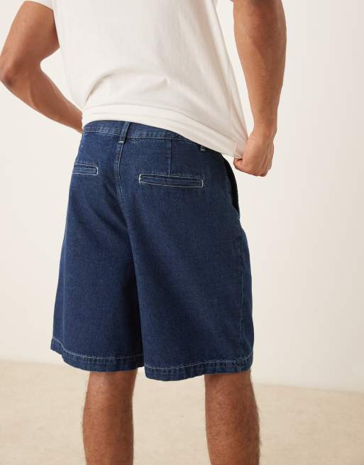 ASOS DESIGN mid length wide denim shorts with pleat in dark wash blue