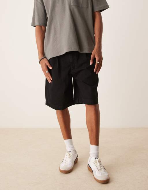 ASOS DESIGN mid length wide denim shorts with pleats in black wash