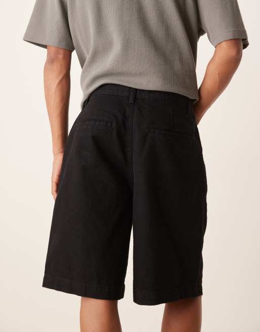 ASOS DESIGN mid length wide denim shorts with pleats in black wash