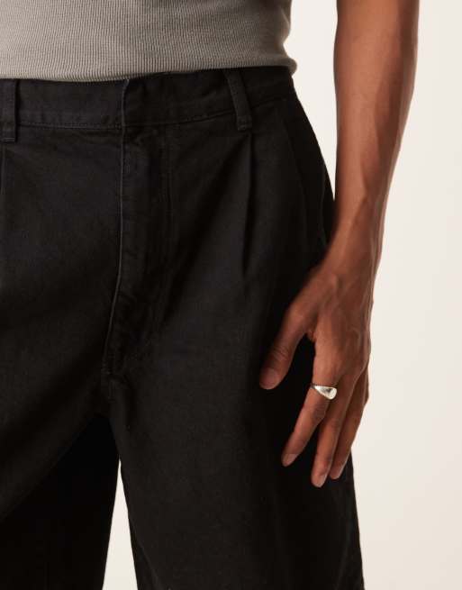 ASOS DESIGN mid length wide denim shorts with pleats in black wash
