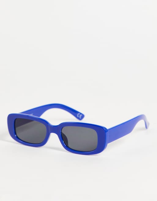 Asos Design Mid Rectangle Sunglasses In Blue With Smoke Lens Asos 