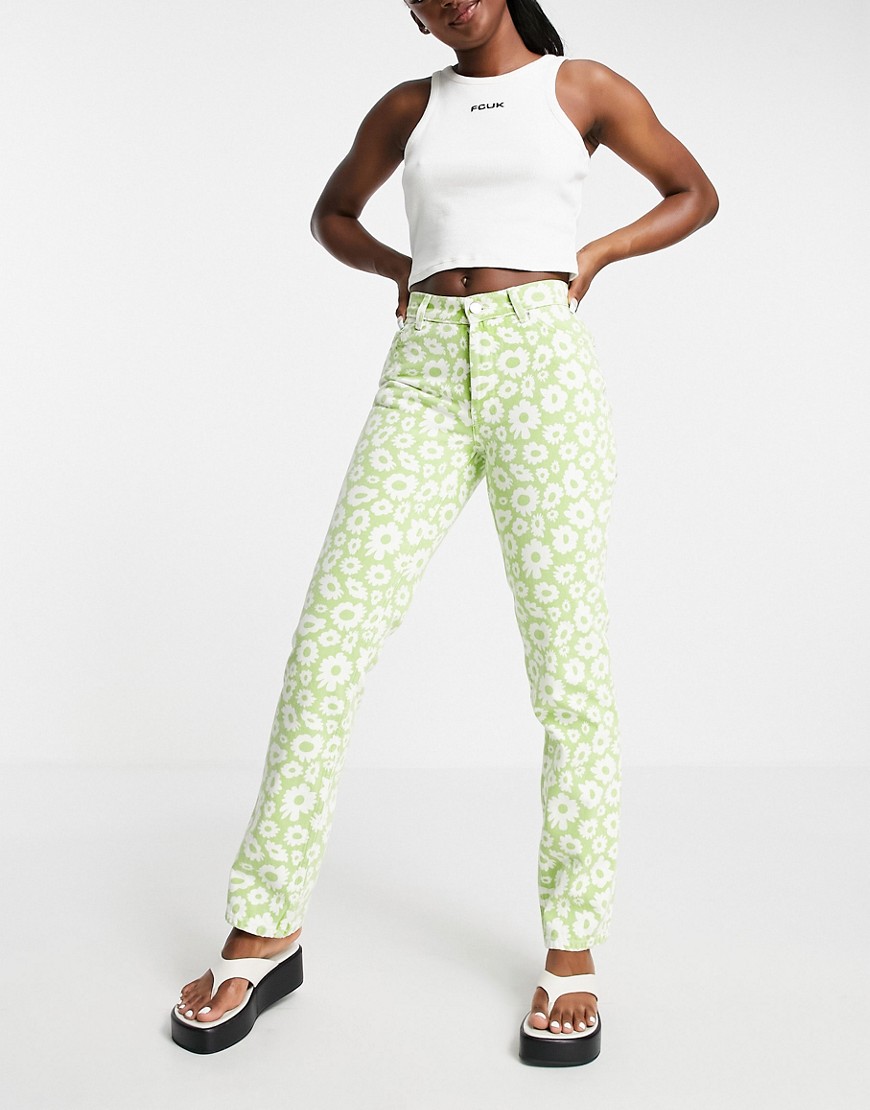 ASOS DESIGN mid rise ’90’s’ straight leg daisy print jean in green-Multi
