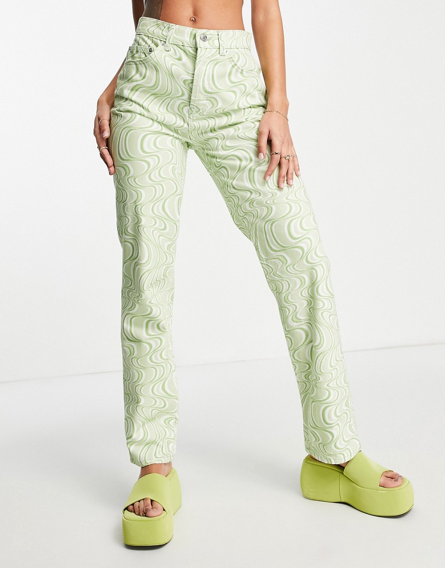 ASOS DESIGN mid rise ’90’s’ straight leg jean in green swirl print-Multi