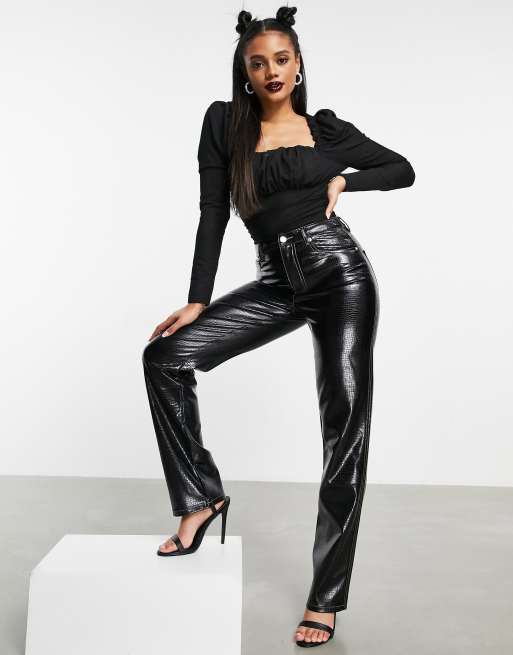 ASOS DESIGN mid rise '90s' straight leg jeans in black croc vinyl | ASOS