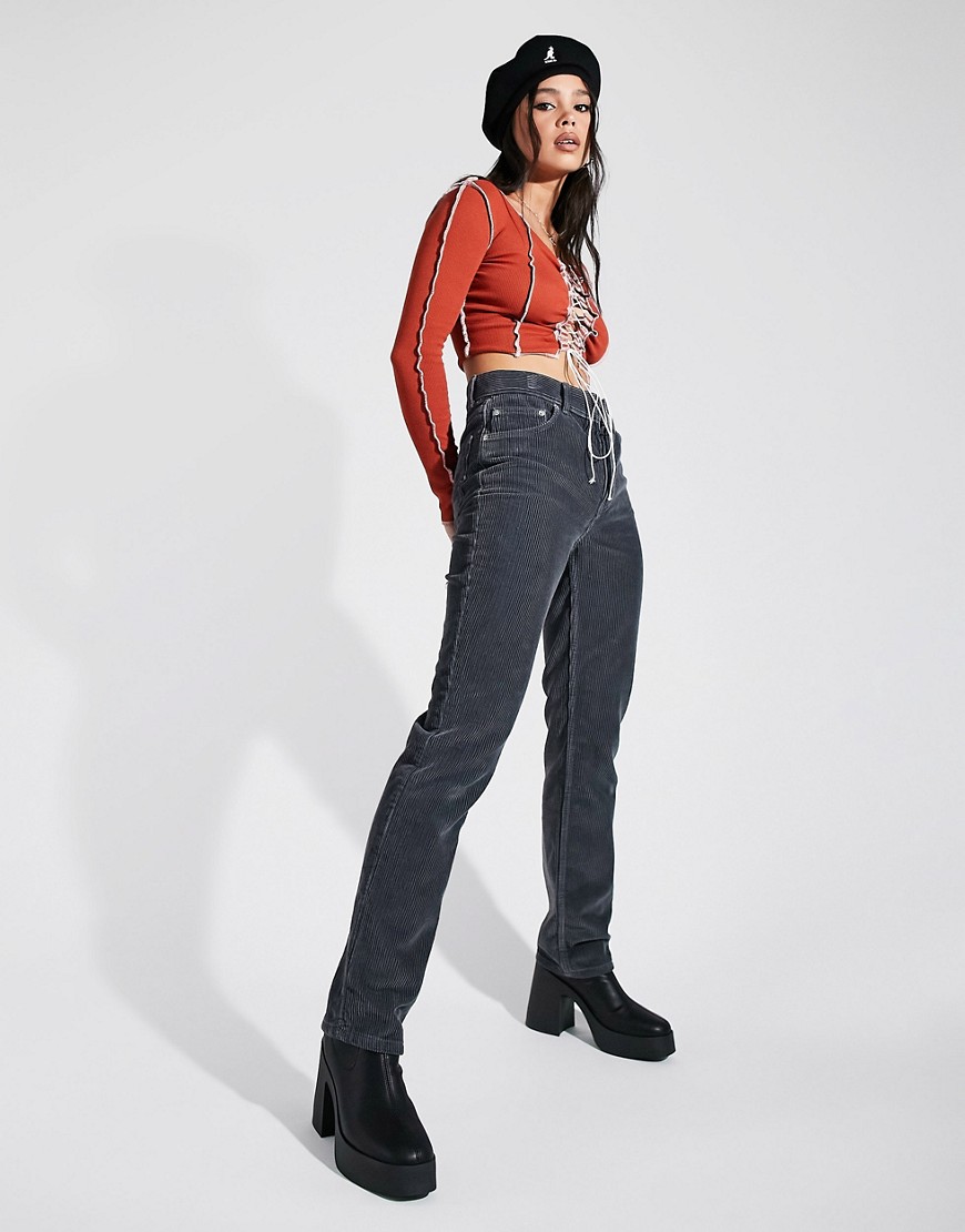 mid rise '90s' straight leg jeans in granite cord-Grey