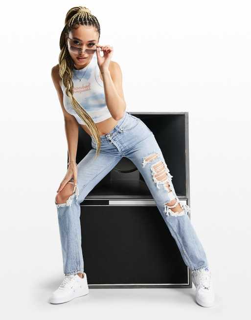 ASOS DESIGN mid rise '90s' straight leg jeans in lightwash with extreme  rips