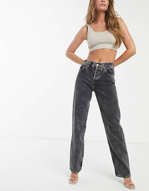 ASOS DESIGN mid rise '90's' straight leg jeans in vintage washed black ...
