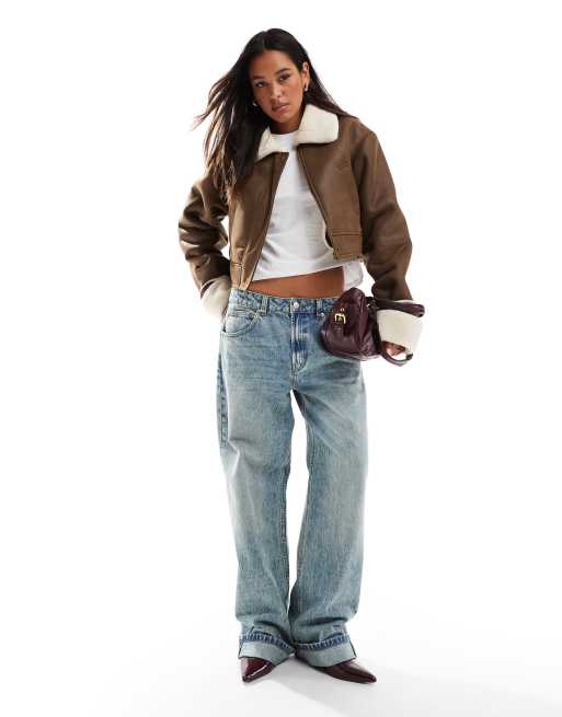 ASOS DESIGN mid rise baggy boyfriend jean with turn up in vintage mid blue