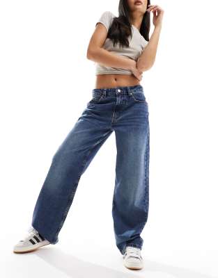 mid rise baggy boyfriend jeans in dark vintage blue