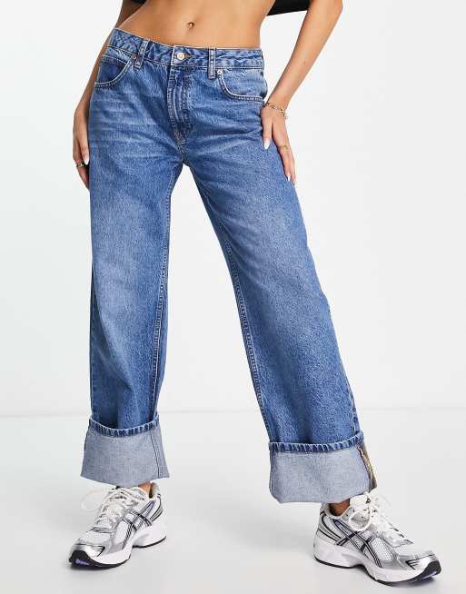 ASOS DESIGN mid rise baggy boyfriend jeans in mid blue
