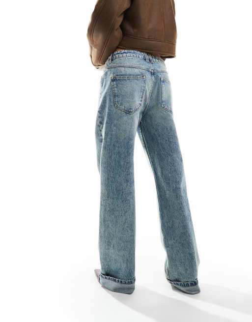 ASOS DESIGN mid rise baggy boyfriend jeans with turn up in vintage mid blue
