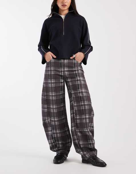 ASOS DESIGN mid rise barrel jeans in check print - view 1