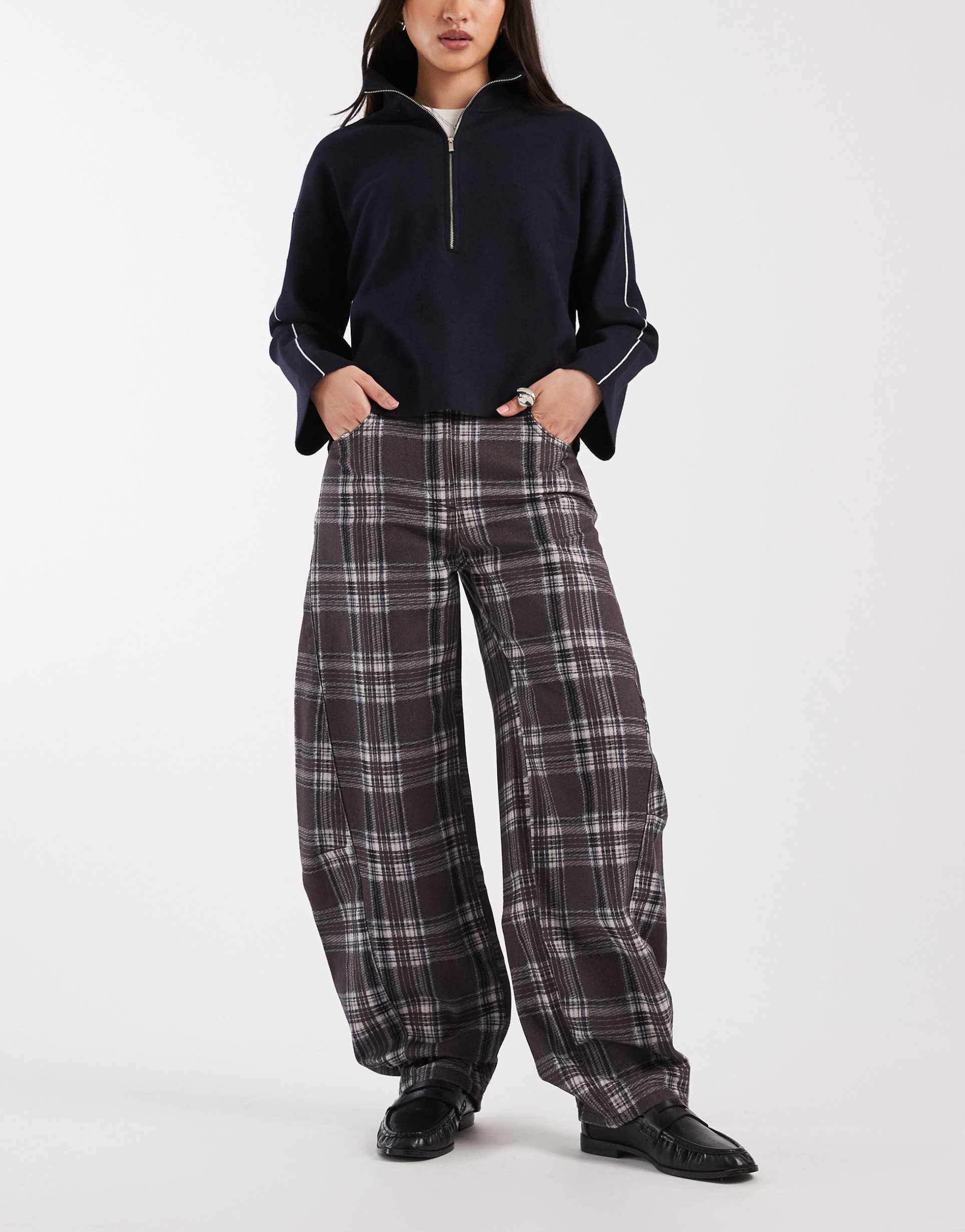 asos design mid rise barrel jeans in plaid print