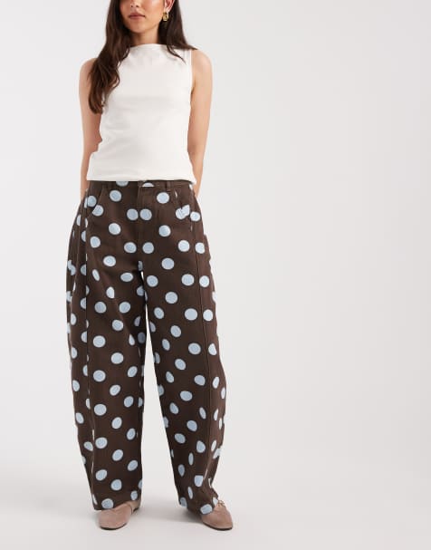 ASOS DESIGN mid rise barrel leg jean in chocolate and brown polka dot - view 1