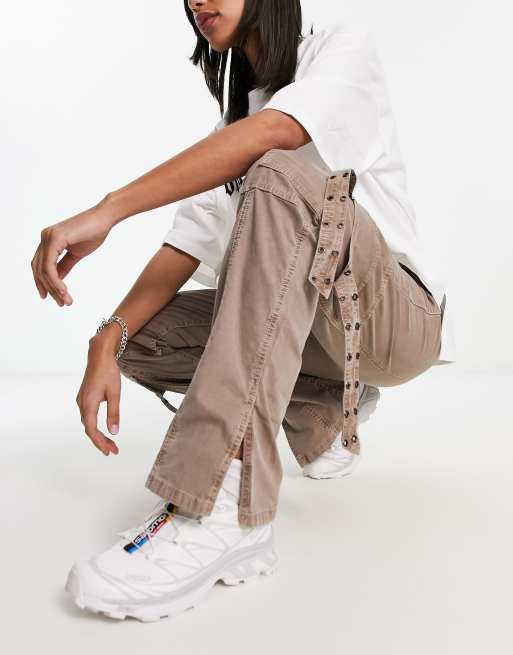 ASOS DESIGN mid rise cargo pants with eyelet details in brown 