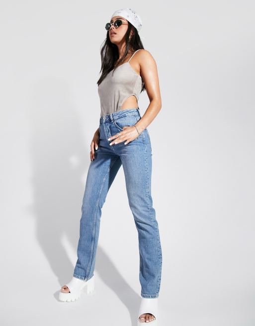 ASOS DESIGN high rise stretch slim straight leg jeans in midwash