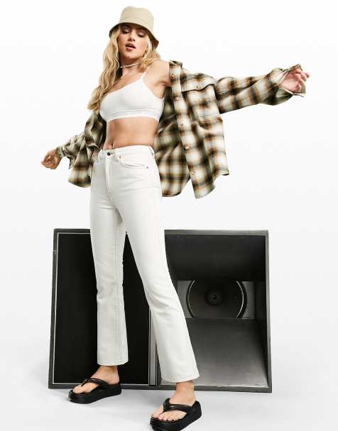 ASOS DESIGN mid rise cotton blend exaggerated flare jeans in ecru - WHITE