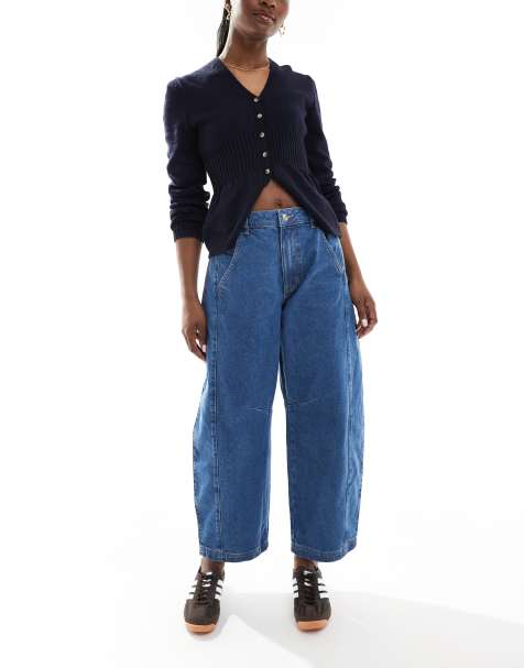 ASOS DESIGN mid rise cropped barrel leg jeans in mid blue - view 1