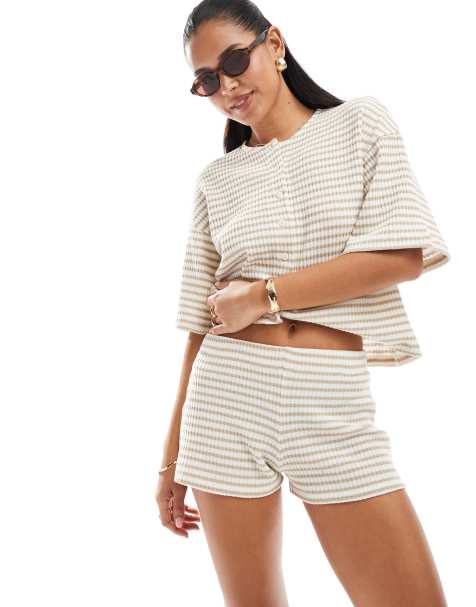 ASOS DESIGN mid rise cut and sew micro short co ord in beige - view 1