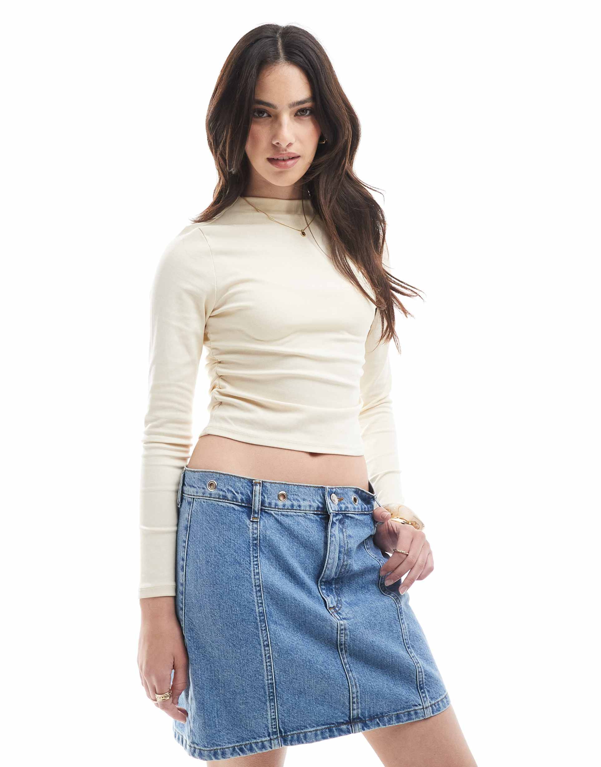 asos design mid rise denim skirt with eyelet waistband