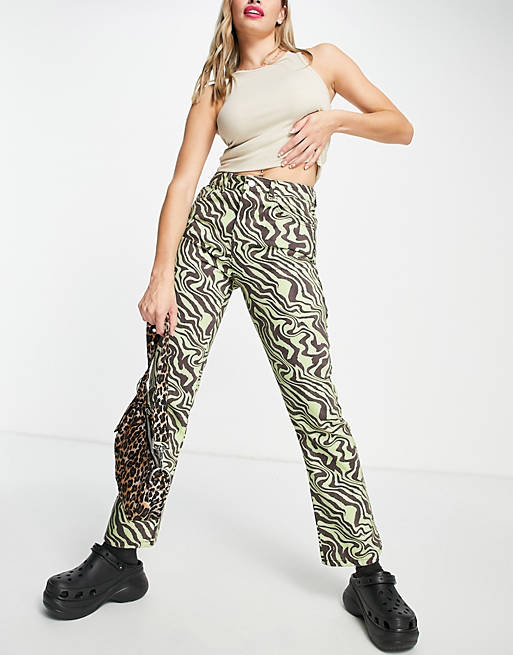 Jeans mid rise exaggerated flare jean in lime and chocolate zebra print 