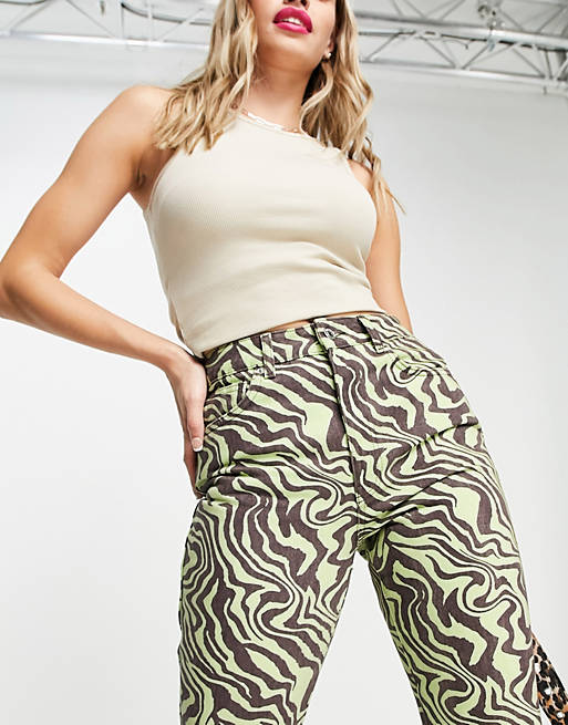 Jeans mid rise exaggerated flare jean in lime and chocolate zebra print 