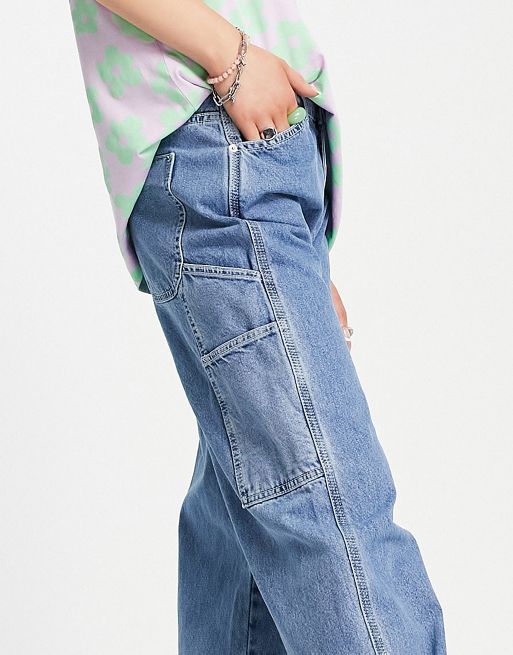 ASOS DESIGN mid rise oversized 'skater' jean in racing green with contrast  thread