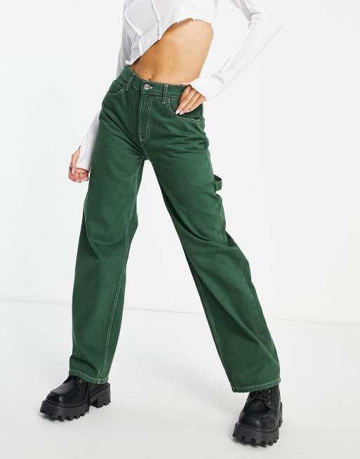 ASOS DESIGN mid rise oversized 'skater' jeans in racing green with contrast thread