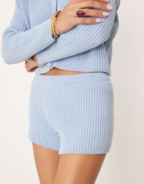 ASOS DESIGN mid rise rib knit micro shorts in blue - part of a set - view 1