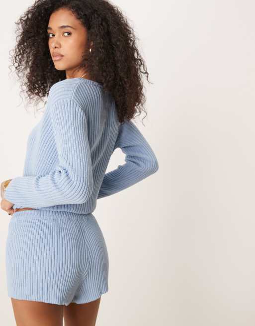 ASOS DESIGN mid rise rib knitted micro short co-ord in blue, 2 of 5