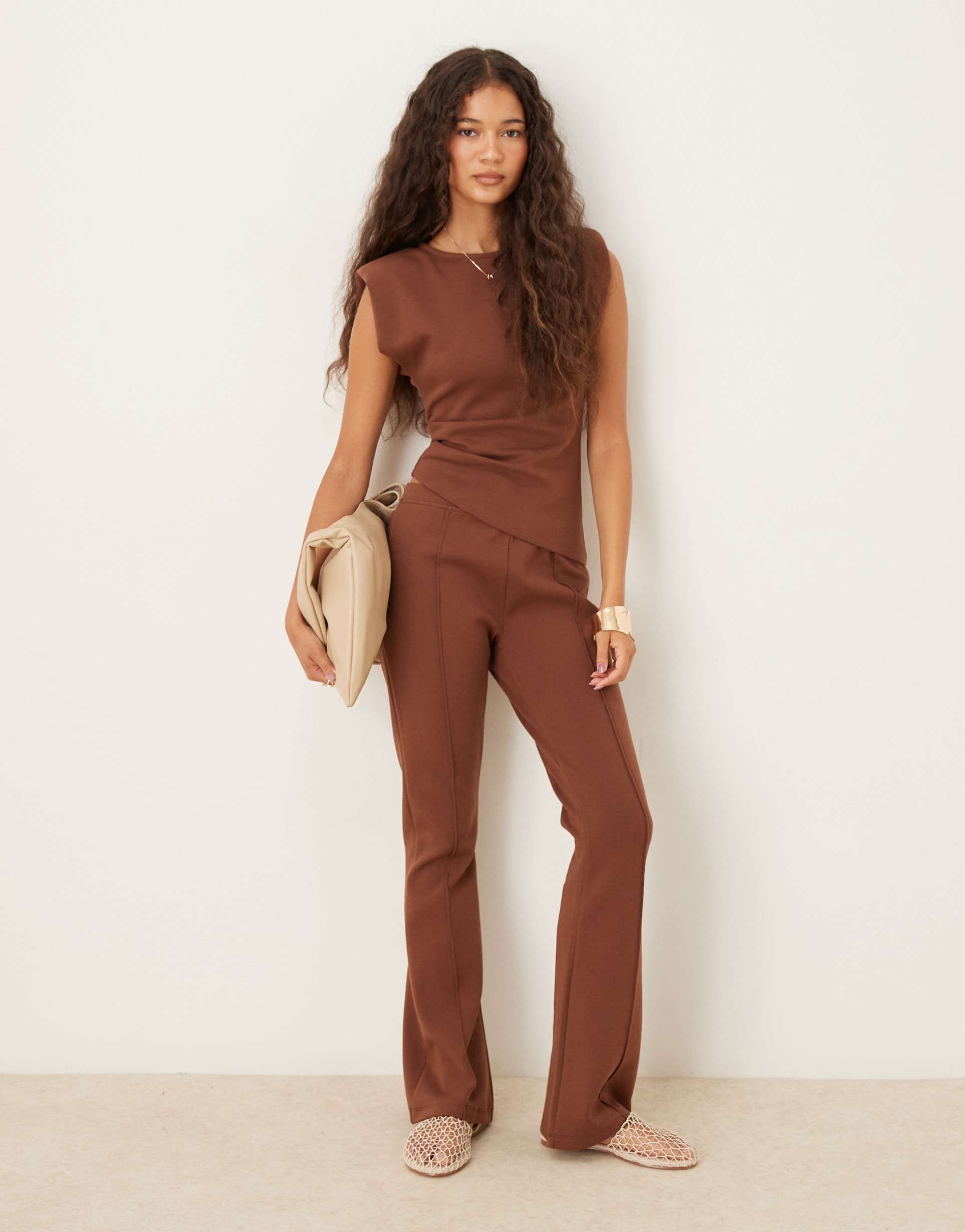 asos design mid rise skinny flare interlock pants in chocolate -set
