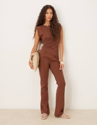 Asos Design Mid Rise Skinny Flare Interlock Pants In Brown