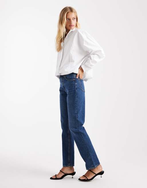 ASOS DESIGN mid rise straight jeans in dark mid wash