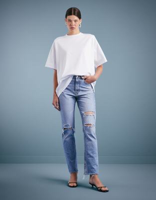 ASOS DESIGN ASOS DESIGN mid rise straight jeans in lightwash with rips Circular Design Collection-Blue
