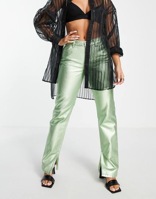 ASOS DESIGN mid rise straight jeans in metallic green