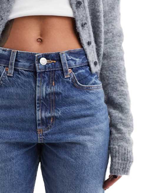 ASOS DESIGN mid rise straight jeans in mid blue