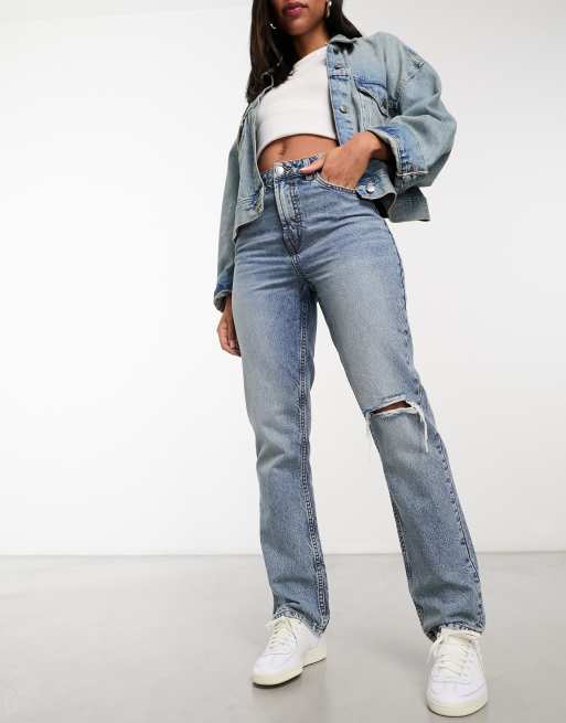 ASOS DESIGN mid rise straight jeans with knee rip in blue ASOS