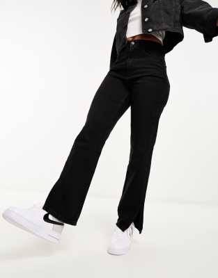 mid rise straight jeans with split in black