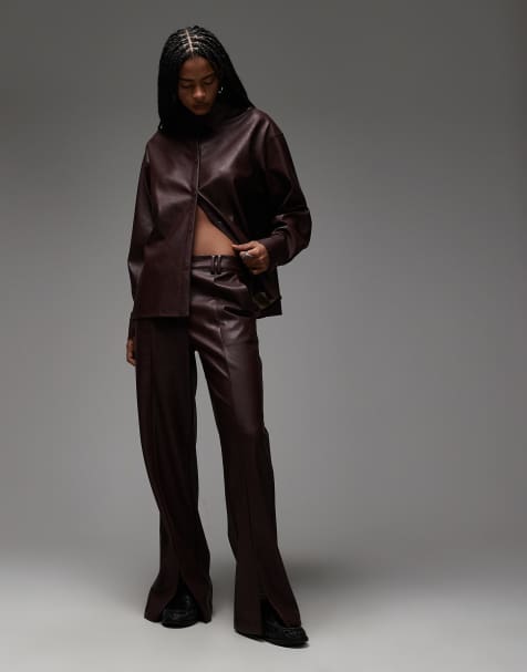 ASOS DESIGN mid rise straight leg faux leather pants with split hem in plum (part of a set) - view 1