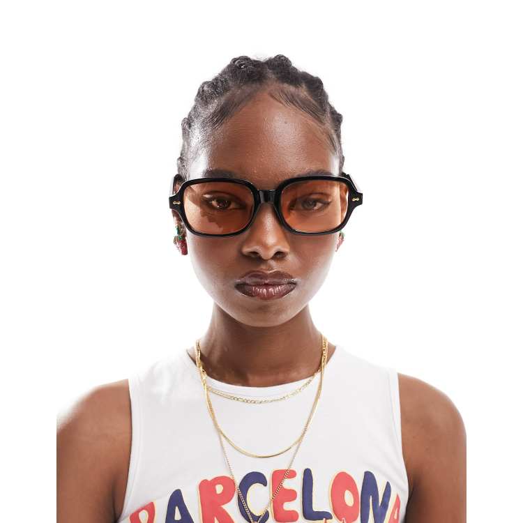 ASOS DESIGN mid square fashion glasses in black with orange lens ASOS