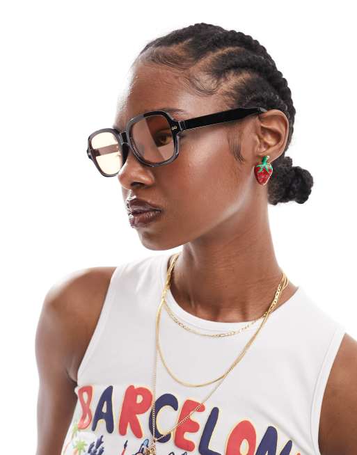 ASOS DESIGN mid square fashion glasses in black with orange lens, 3 of 4