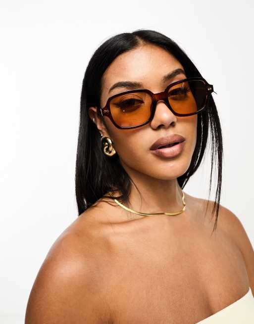 ASOS DESIGN rimless mid square sunglasses with temple detail in brown