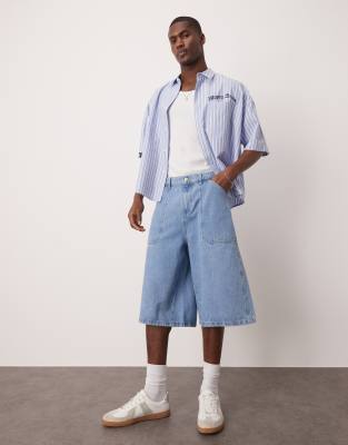 mid wash denim jorts-Blue