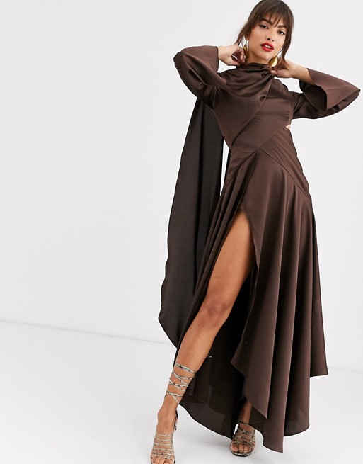 ASOS DESIGN midaxi dress in satin with drape neck and cut out
